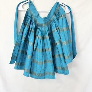 Half Style Apron Handmade. Vintage. Pleated Turquoise And Gold 16X17 Small Spots